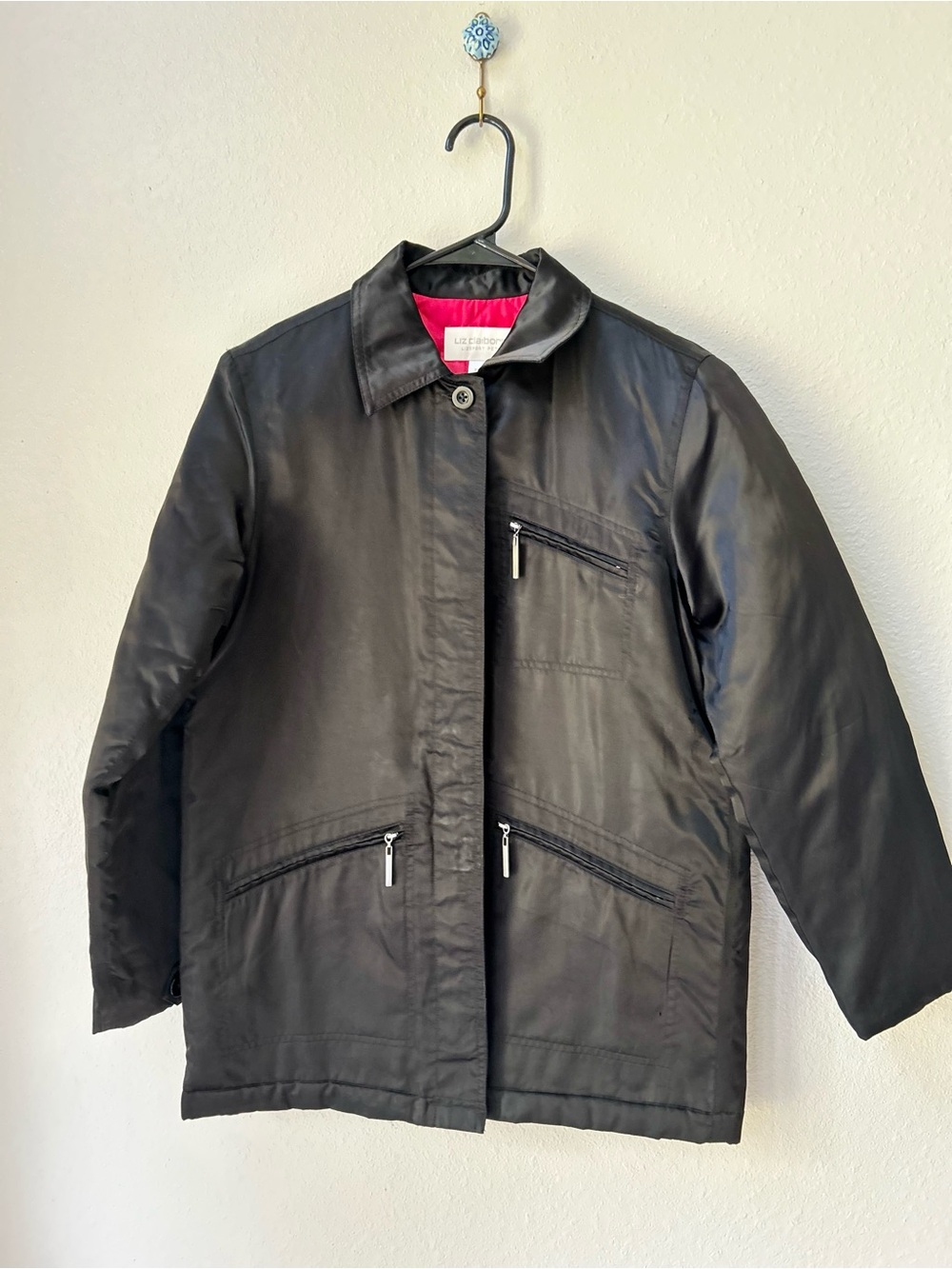 Liz Claiborne Petite Black Nylon Satin Jacket; Hot Pink Quilted Lining